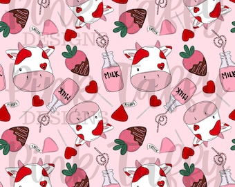 Valentine Kuhmilch Erdbeeren rosa nahtlose Datei Design sich wiederholendes Muster Kuss Sauger Herz Digitaldruck Papier Hintergrund Urlaub Liebe