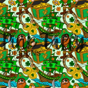 Op de afbeelding: Een naadloos patroon met een groene, gouden en bruine cartoonillustratie van een kabouter die een zwaard en een schatkist vasthoudt. De kabouter staat op een hoefijzer. Het patroon bevat ook een schip met groene zeilen en een schatkist gevuld met gouden munten.