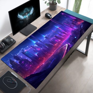 Cyberpunk Collection, Mountain City Desk Mat, Cyberpunk Playmat MTG, Cyberpunk Gaming Mat, Neon Blue Mouse Pad, Gamer Gift