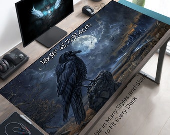 Gaming Desk Pad, Raven Watching the Town, Goth Desk Mat, Raven Mouse Pad, Dark Aesthetic Mousepad, Dark Academia Decor, Gift for Her