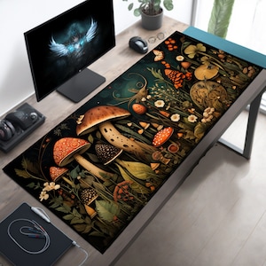 Mushroom Desk Mat Cute Mouse Pad Nature Mousepad Botanical Deskmat Dark Cottagecore Deskpad Kawaii Mousepad Mushroom Gaming XL XXL Big