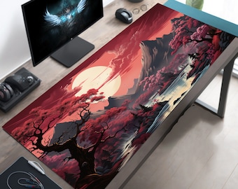 Japanese Sakura Desk Mat: Asian Mountain Mousepad, Lofi Office Decor