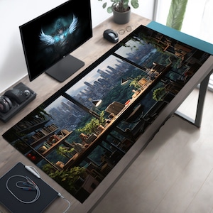 Aesthetic Desk Mat,Cute Desk Pad,Lofi Desk Mat,Plant Mouse Pad,Green Mousepad,Gaming Computer Desk,Kawaii Decor,Cozy City View,Mood Mat