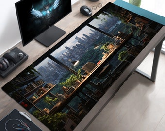 Aesthetic Desk Mat,Cute Desk Pad,Lofi Desk Mat,Plant Mouse Pad,Green Mousepad,Gaming Computer Desk,Kawaii Decor,Cozy City View,Mood Mat