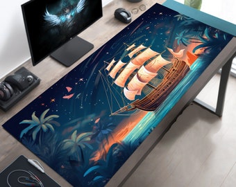 Pastel Pirate Ship Desk Mat, Anime-Inspired Nautical Design, Cute Aesthetic Caribbean Cove, Large Ocean Mouse Pad