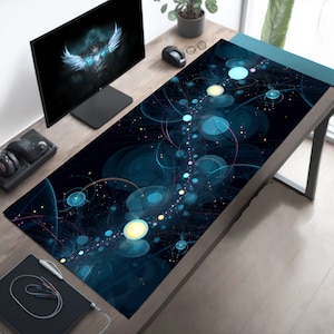 Oceanic Bliss: Blue & Black Geometric Abstract Desk Mat
