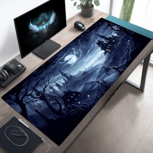 WhimsiGoth Midnight Village Desk Mat - Aesthetic Anime-Style Gothic Desk Accessory, XL Cute Moonlit Scene Mouse Pad