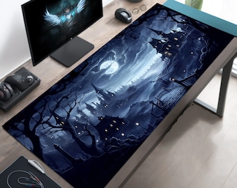 WhimsiGoth Midnight Village Desk Mat - Aesthetic Anime-Style Gothic Desk Accessory, XL Cute Moonlit Scene Mouse Pad