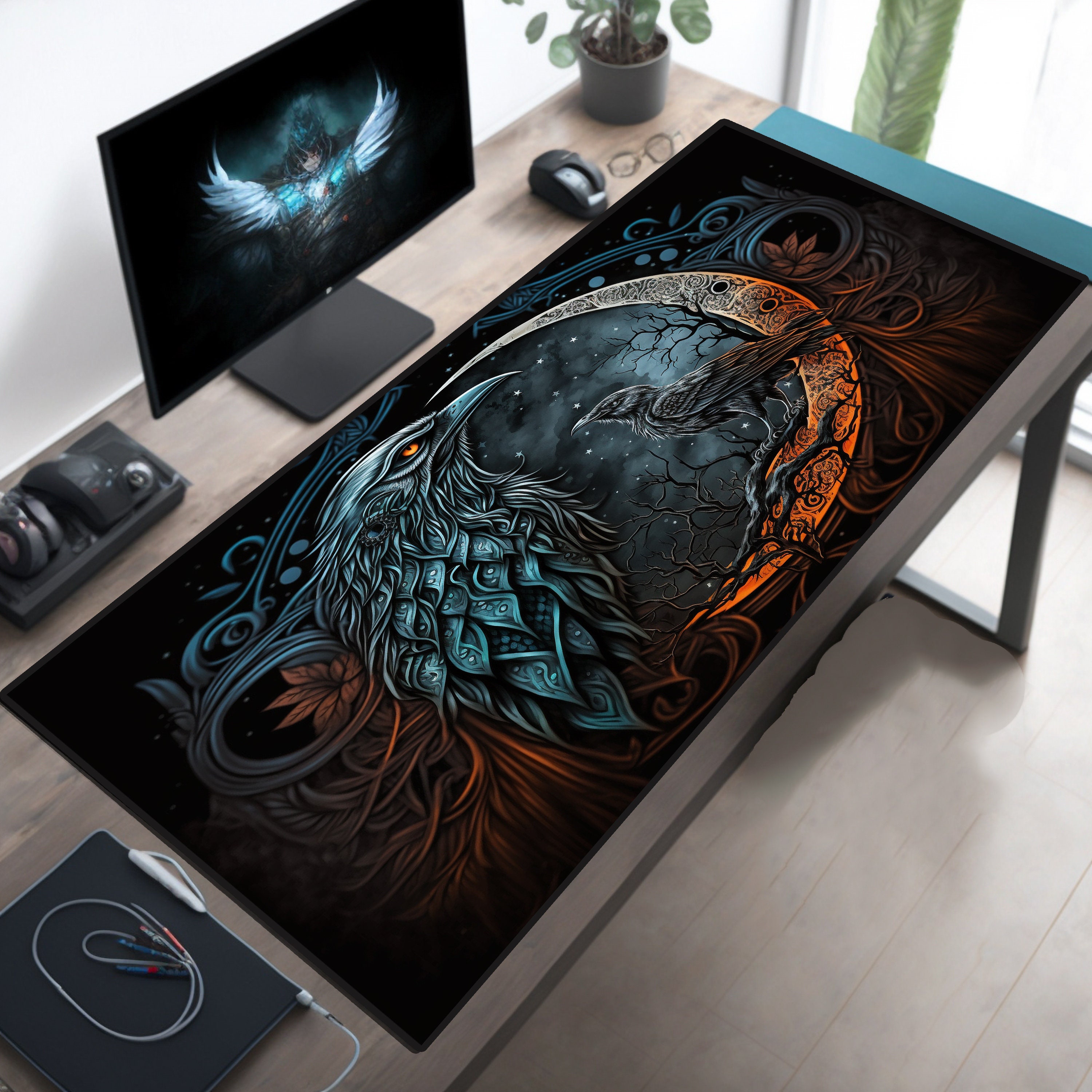 Raven Desk Mat Moon Desk Pad Gaming Mousepad XL Mouse Pad XXL Gothic Deskpad Goth Deskmat Extra Large Big Nature Bird Computer Keyboard