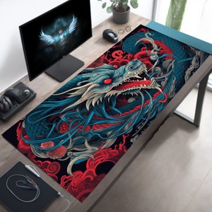 Tapis de bureau dragon esthétique, XL, tapis de souris street art japonais/chinois, accessoire de jeu, grand tapis de bureau, joli tapis de souris XXL