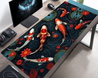 Vibrant Koi Fish Desk Mat, Artisan Blue Waters Mouse Pad, Japanese Koi & Flowers, Lily Pads and Swirls, XL Gaming Accessory, XXL Mousepad