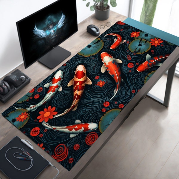 Vibrant Koi Fish Desk Mat, Artisan Blue Waters Mouse Pad, Japanese Koi & Flowers, Lily Pads and Swirls, XL Gaming Accessory, XXL Mousepad
