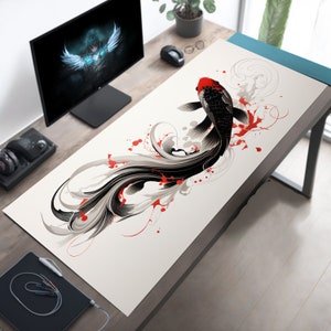 Minimalistische japanische Koi Fisch Schreibtischmatte, Sumi-e Suiboku-ga Style Art, Extra Großes Mauspad, erweitertes Mousepad, Lofi Schreibtischmatte XL XXL