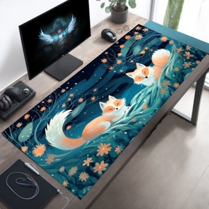 Celestial Foxes Desk Mat, Japanese Couple Sleeping under Starry Night Sky, XL Aesthetic Mouse Pad, Wild Flowers, Home Office Decor