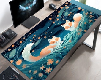 Celestial Foxes Desk Mat, Japanese Couple Sleeping under Starry Night Sky, XL Aesthetic Mouse Pad, Wild Flowers, Home Office Decor