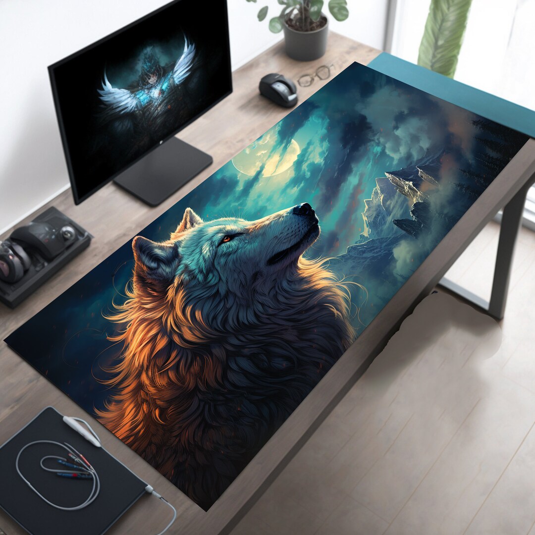 Stunning Moonlit Wolf Desk Mat, Extended Gaming Mousepad XL, Large Non