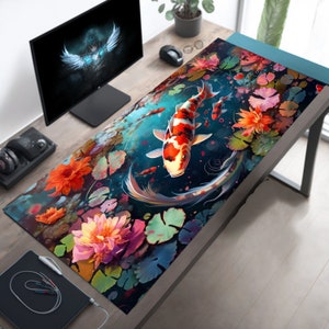 Koi Fish Family Desk Mat, Red & Yellow Spotted Koi, Deep Blue Waters, Water Flowers and Lily Pads, XL Gaming Accessory, XXL Mousepad