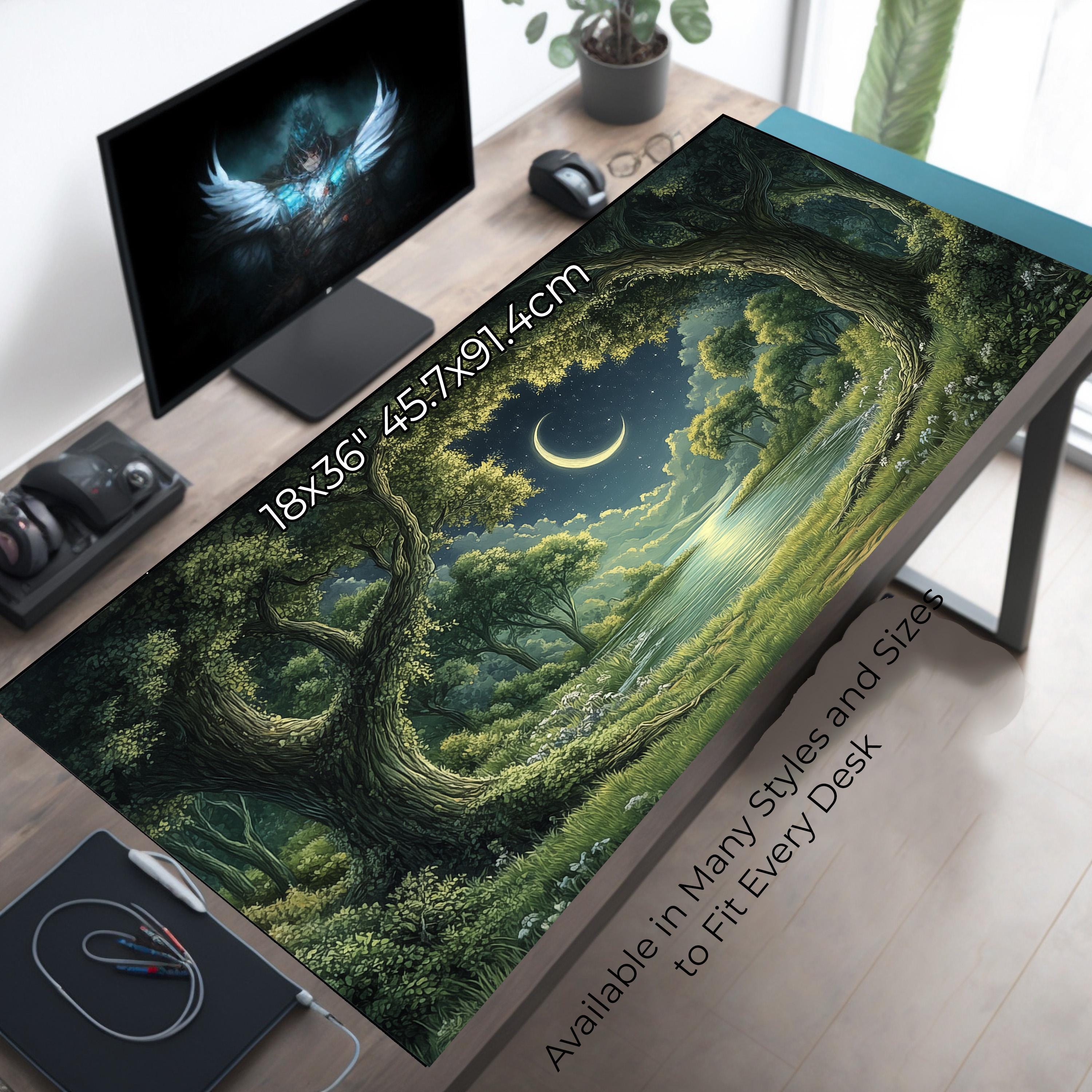 Aesthetic Forest Moon View Desk Mat - Forest Mouse Pad - XXL Mousepad - Gaming Mouse Mat - Cute Laptop Mat - Green Keyboard Pad