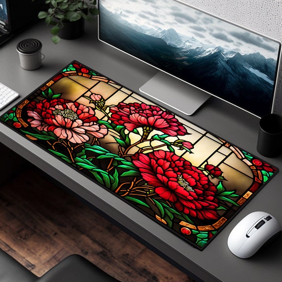 Stained Glass Mousepad, Floral Mouse Pad, Red Peonies Deskpad