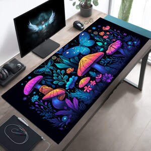 Kawaii Bioluminescent Desk Mat, Midnight Mushroom Mouse Pad, Blue Butterflies & Cute Flowers, XL Gaming Accessory, XXL Mousepad