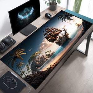 Pirate Ship Gaming Table Big Fantasy Mousepad Gamer Desk Setup Game Room Essential Pirate Ship Decor Pirate Lovers Gift Large Desk Mat