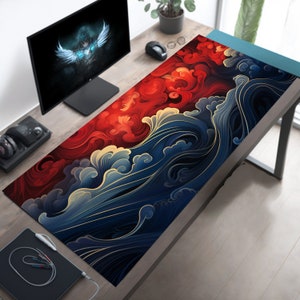 Japanese Ukiyo-e Waves and Flames Desk Mat, Japan Sky Desk Pad, Asian Fire Clouds Mousepad, Long Mouse Pad, Extended Keyboard Mat