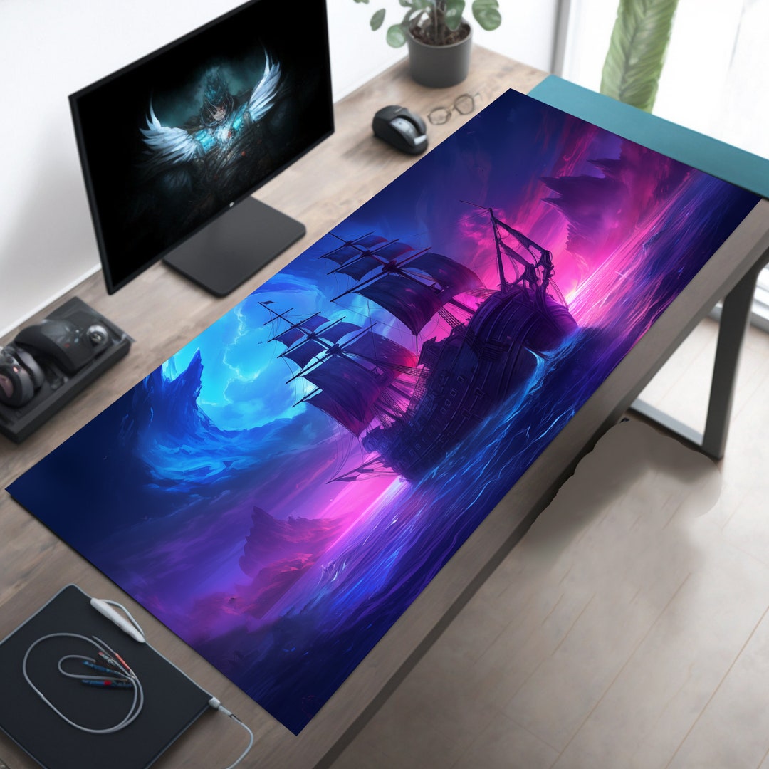 Cyberpunk Collection, Neon Pirate Ship Playmat , Pirate Gaming Desk Mat
