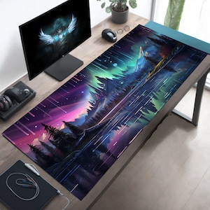 May include: A large, colorful gaming mouse pad with a landscape scene of a forest reflected in a lake under a starry sky. The scene is rendered in shades of purple, blue, and green.