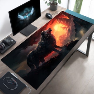 May include: A black wolf howls at a fiery sunset. The wolf is standing on a rocky cliff with a dramatic background of clouds and mountains. The wolf's fur is detailed and realistic, and the sunset is vibrant and colorful.