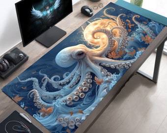 White Octopus Desk Mat, Octopi Moon Mousepad, Octopus Mouse Pad, Gaming Mousepad XL, Gamer Gifts, Gift for Him, Gift for Her