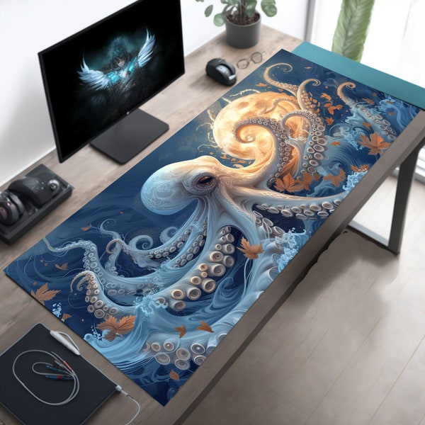 Tapis de bureau White Octopus, Tapis de souris Octopi Moon, Tapis de souris Octopus, Tapis de souris de jeu XL, Cadeaux de joueur, Cadeau pour lui, Cadeau pour elle