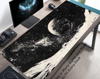 Monochrome Space Desk Mat, Black and White Cosmos Mouse Pad, Planet and Moon Mousepad, Asteroid Art Desk Pad, Lofi Desk Decor