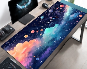 Pastel Cosmos Desk Mat, Anime-Inspired Space Scene, Cute Aesthetic Stars and Planets, Large Galaxy Mouse Pad, Cute Desk Mat
