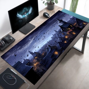 Gothic Seaside Town Schreibtischmatte Gothic Mousepad, dunkle ästhetische Mausunterlage, ästhetische Schreibtischunterlage, extra große Schreibtischmatte, erweiterte Schreibtischunterlage