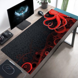 Captivating Octopus Desk Mat, Large Gaming Mouse Pad, Sea Creature Aesthetic, Anti-Fray Hemmed or Flat Edges, Octopus Themed Decor