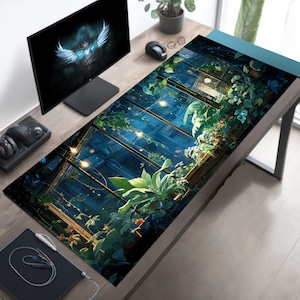 Aesthetic Office Decor, Cute Desk Accessory, Plant Desk Mat, Cute Mousepad, Green Mouse Pad, Cozy Desk Pad, City View Deskmat