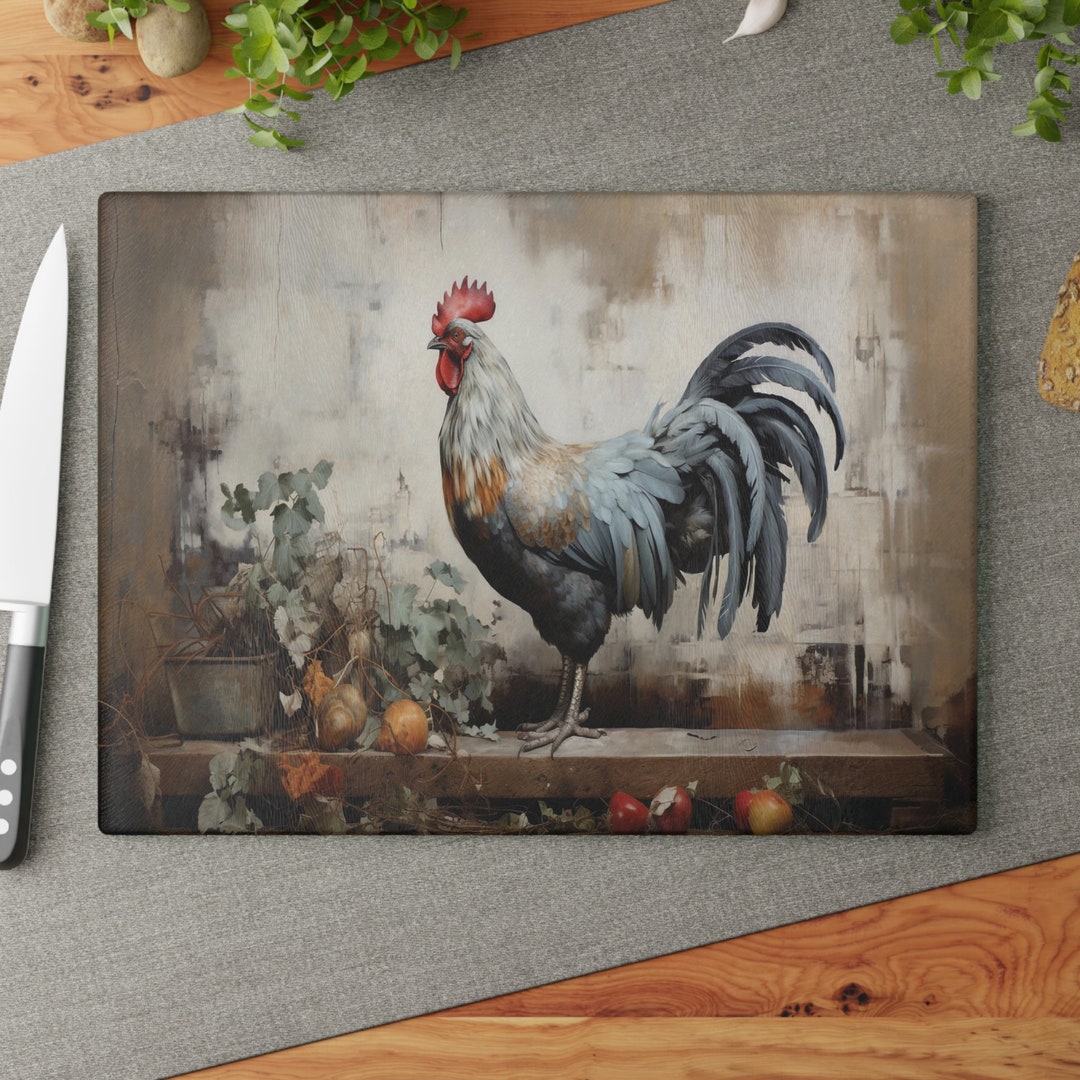 Glass Cutting Board, Modern Farmhouse Rooster Cutting Board, Veg Cutting Board, Meat Cutting