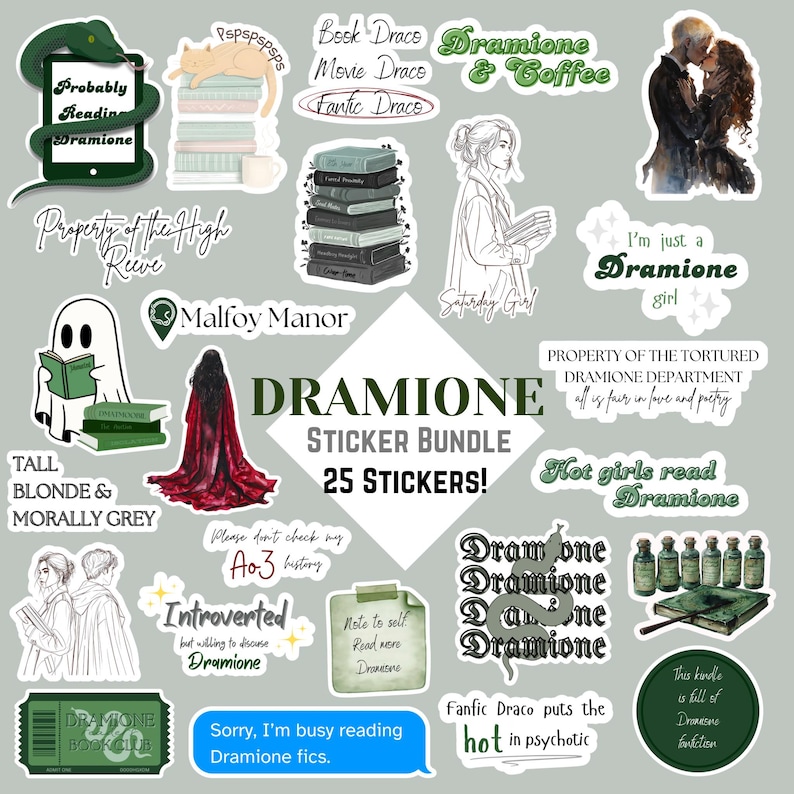 May include: A sticker bundle featuring 25 stickers with a green and white color scheme. The stickers have text and illustrations related to the Dramione fandom, including quotes, characters, and book references. The stickers are arranged on a light gray background.