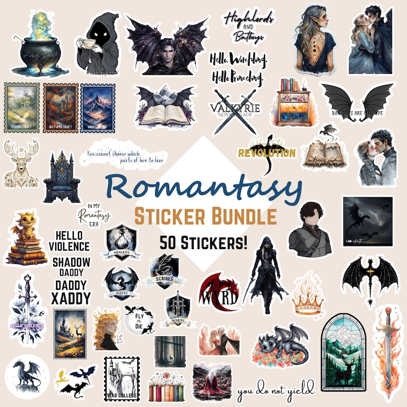 May include: A sticker bundle with 50 stickers featuring various fantasy and romance themes. The stickers include illustrations of dragons, castles, swords, and other fantasy elements. The text "Romantasy Sticker Bundle" and "50 Stickers!" is featured on the sticker sheet.