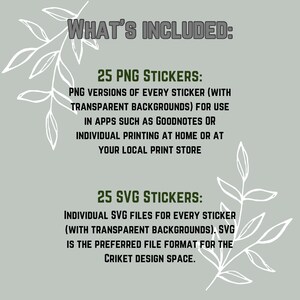 May include: A digital product image on a gray background with white leaf illustrations. The text reads "WHAT'S INCLUDED: 25 PNG STICKERS" and "25 SVG STICKERS" with descriptions of the file types and their uses.