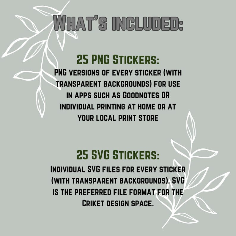 May include: A digital product image on a gray background with white leaf illustrations. The text reads "WHAT'S INCLUDED: 25 PNG STICKERS" and "25 SVG STICKERS" with descriptions of the file types and their uses.