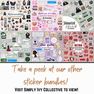 May include: Four sticker bundles featuring various bookish themes. The bundles are titled "Romantasy", "Bookish Kindle", "Dramione", and "Jane Austen". Each bundle features a variety of stickers with different designs and colors. The bundles are displayed on a white background.