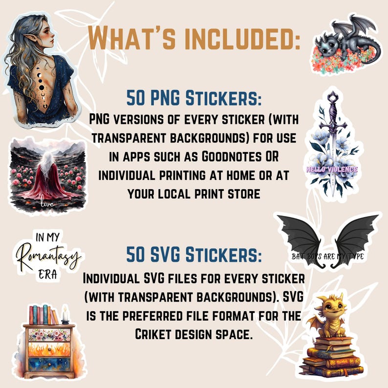May include: A digital download of 50 PNG and 50 SVG stickers featuring fantasy and bookish themes. The stickers include illustrations of dragons, a sword, a woman with wings, and a bookshelf. The text "In My Romantasy Era" and "Hello Violence" are included in the image.
