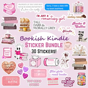 Könnte beinhalten: Ein Sticker-Set mit 30 Stickern mit Buchmotiven. Die Sticker sind rosa, weiß und schwarz mit Illustrationen von Büchern, Kaffeetassen und einem Geist. Der Text auf den Stickern lautet "Bookish Kindle", "Death by TBR", "Hot Girls Book Club", "You Read Queen", "I'm Just a Romantasy Girl", "Warning Low Social Battery", "Hot Girls Read Books", "Me? Into Books? Always!" und "Books & Coffee".