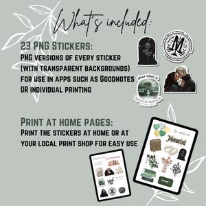 May include: A digital planner with 23 printable stickers for use in apps like Goodnotes. The stickers feature Harry Potter themed designs, including a tombstone, a Hogwarts house crest, and a quote from the books. The planner also includes a page with instructions on how to print the stickers at home.