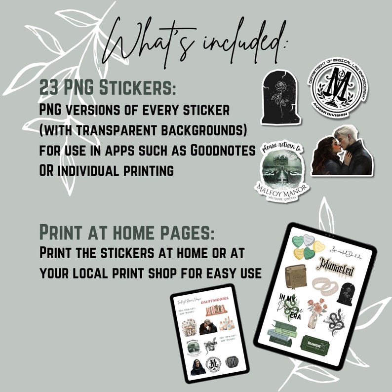 May include: A digital planner with 23 printable stickers for use in apps like Goodnotes. The stickers feature Harry Potter themed designs, including a tombstone, a Hogwarts house crest, and a quote from the books. The planner also includes a page with instructions on how to print the stickers at home.