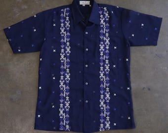 Vintage 1960s See-Thru Sheer Hawaiian Shirt Embroidered Tribal Pattern Excellent Condition Tag XL Fits Men's M/L