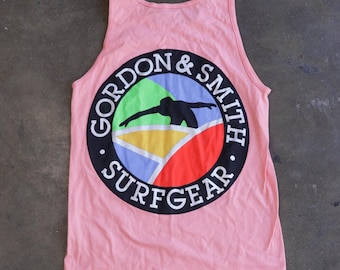 Vintage 80s Gordon and Smith G&S Surfgear Single Stitch Oneita Power-T Tank Top Made in USA Deadstock Bright Pink Size Small