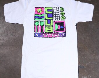 Vintage 1990 Club Sportswear Neon Single Stitch Surf T Shirt Made in USA Deadstock Size Small