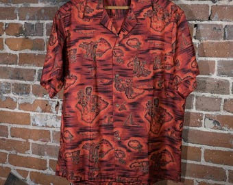 Koszula hawajska w stylu vintage z lat 60. i 70. Made in Hawaii Honolulu Kona Oahu Molokai Aloha Print M/L